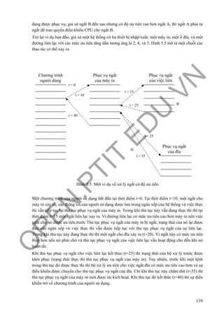 O
PEN
.PTIT.ED
U
.VN
139
đang được phục vụ, giả sử ngắt B đến sau nhưng có độ ưu tiên cao hơn ngắt A, thì ngắt A phải tự
ngắt để trao quyền điều khiển CPU cho ngắt B.
Trở lại ví dụ ban đầu, giả sử một hệ thống có ba thiết bị nhập/xuất: một máy in, một ổ đĩa, và một
đường liên lạc với các mức ưu tiên tăng dần tương ứng là 2, 4, và 5. Hình 5.5 mô tả một chuỗi các
thao tác có thể xảy ra.
Hình 5.5. Một ví dụ về xử lý ngắt có độ ưu tiên
Một chương trình của người sử dụng bắt đầu tại thời điểm t=0. Tại thời điểm t=10, một ngắt cho
máy in xảy ra; các thông tin của người sử dụng được lưu trong ngăn xếp của hệ thống và việc thực
thi vẫn tiếp tục tại thủ tục phục vụ ngắt của máy in. Trong khi thủ tục này vẫn đang thực thi thì tại
thời điểm t=15 một ngắt liên lạc xảy ra. Vì đường liên lạc có mức ưu tiên cao hơn máy in nên việc
ngắt cho nó được ưu tiên trước Thủ tục phục vụ ngắt của máy in bị ngắt, trạng thái của nó lại được
đưa vào ngăn xếp và việc thực thi vẫn được tiếp tục với thủ tục phục vụ ngắt của sự liên lạc.
Trong khi thủ tục này đang thực thi thì một ngắt cho đĩa xảy ra (t=20). Vì ngắt này có mức ưu tiên
thấp hơn nên nó phải chờ và thủ tục phục vụ ngắt của việc liên lạc vẫn hoạt động cho đến khi nó
hoàn tất.
Khi thủ tục phục vụ ngắt cho việc liên lạc kết thúc (t=25) thì trạng thái của bộ xử lý trước được
khôi phục (trạng thái thực thi thủ tục phục vụ ngắt của máy in). Tuy nhiên, trước khi một lệnh
trong thủ tục đó được thực thi thì bộ xử lý ưu tiên cho việc ngắt đĩa có mức ưu tiên cao hơn và sự
điều khiển được chuyển cho thủ tục phục vụ ngắt của đĩa. Chỉ khi thủ tục này chấm dứt (t=35) thì
thủ tục phục vụ ngắt của máy in mới được tái kích hoạt. Khi thủ tục đó kết thúc (t=40) thì sự điều
khiển trở về chương trình của người sử dụng.
Chương trình
người dùng
Phục vụ ngắt
của máy in
Phục vụ ngắt
của việc liên
Phục vụ ngắt
của đĩa
t = 0
t = 10
t = 40
t = 15
t = 25
t = 25
t = 35
 