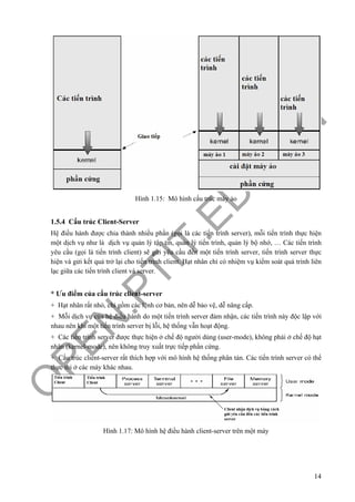 O
PEN
.PTIT.ED
U
.VN
14
Hình 1.15: Mô hình cấu trúc máy ảo
1.5.4 Cấu trúc Client-Server
Hệ điều hành được chia thành nhiều phần (gọi là các tiến trình server), mỗi tiến trình thực hiện
một dịch vụ như là dịch vụ quản lý tập tin, quản lý tiến trình, quản lý bộ nhớ, … Các tiến trình
yêu cầu (gọi là tiến trình client) sẽ gửi yêu cầu đến một tiến trình server, tiến trình server thực
hiện và gửi kết quả trở lại cho tiến trình client. Hạt nhân chỉ có nhiệm vụ kiểm soát quá trình liên
lạc giữa các tiến trình client và server.
* Ưu điểm của cấu trúc client-server
+ Hạt nhân rất nhỏ, chỉ gồm các lệnh cơ bản, nên dễ bảo vệ, dễ nâng cấp.
+ Mỗi dịch vụ của hệ điều hành do một tiến trình server đảm nhận, các tiến trình này độc lập với
nhau nên khi một tiến trình server bị lỗi, hệ thống vẫn hoạt động.
+ Các tiến trình server được thực hiện ở chế độ người dùng (user-mode), không phải ở chế độ hạt
nhân (kernel-mode), nên không truy xuất trực tiếp phần cứng.
+ Cấu trúc client-server rất thích hợp với mô hình hệ thống phân tán. Các tiến trình server có thể
thực thi ở các máy khác nhau.
Hình 1.17: Mô hình hệ điều hành client-server trên một máy
 