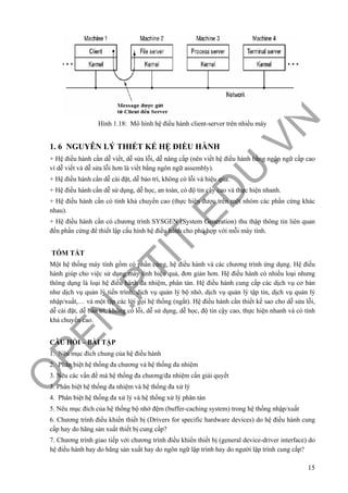O
PEN
.PTIT.ED
U
.VN
15
Hình 1.18: Mô hình hệ điều hành client-server trên nhiều máy
1. 6 NGUYÊN LÝ THIẾT KẾ HỆ ĐIỀU HÀNH
+ Hệ điều hành cần dễ viết, dễ sửa lỗi, dễ nâng cấp (nên viết hệ điều hành bằng ngôn ngữ cấp cao
vì dễ viết và dễ sửa lỗi hơn là viềt bằng ngôn ngữ assembly).
+ Hệ điều hành cần dễ cài đặt, dễ bảo trì, không có lỗi và hiệu qủa.
+ Hệ điều hành cần dễ sử dụng, dễ học, an toàn, có độ tin cậy cao và thực hiện nhanh.
+ Hệ điều hành cần có tính khả chuyển cao (thực hiện được trên một nhóm các phần cứng khác
nhau).
+ Hệ điều hành cần có chương trình SYSGEN (System Generation) thu thập thông tin liên quan
đến phần cứng để thiết lập cấu hình hệ điều hành cho phù hợp với mỗi máy tính.
TÓM TẮT
Một hệ thống máy tính gồm có phần cứng, hệ điều hành và các chương trình ứng dụng. Hệ điều
hành giúp cho việc sử dụng máy tính hiệu quả, đơn giản hơn. Hệ điều hành có nhiều loại nhưng
thông dụng là loại hệ điều hành đa nhiệm, phân tán. Hệ điều hành cung cấp các dịch vụ cơ bản
như dịch vụ quản lý tiến trình, dịch vụ quản lý bộ nhớ, dịch vụ quản lý tập tin, dịch vụ quản lý
nhập/xuất,… và một tập các lời gọi hệ thống (ngắt). Hệ điều hành cần thiết kế sao cho dễ sửa lỗi,
dễ cài đặt, dễ bảo trì, không có lỗi, dễ sử dụng, dễ học, độ tin cậy cao, thực hiện nhanh và có tính
khả chuyển cao.
CÂU HỎI – BÀI TẬP
1. Nêu mục đích chung của hệ điều hành
2. Phân biệt hệ thống đa chương và hệ thống đa nhiệm
3. Nêu các vấn đề mà hệ thống đa chương/đa nhiệm cần giải quyết
3. Phân biệt hệ thống đa nhiệm và hệ thống đa xử lý
4. Phân biệt hệ thống đa xử lý và hệ thống xử lý phân tán
5. Nêu mục đích của hệ thống bộ nhớ đệm (buffer-caching system) trong hệ thống nhập/xuất
6. Chương trình điều khiển thiết bị (Drivers for specific hardware devices) do hệ điều hành cung
cấp hay do hãng sản xuất thiết bị cung cấp?
7. Chương trình giao tiếp với chương trình điều khiển thiết bị (general device-driver interface) do
hệ điều hành hay do hãng sản xuất hay do ngôn ngữ lập trình hay do người lập trình cung cấp?
 
