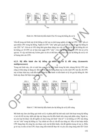 O
PEN
.PTIT.ED
U
.VN
152
Hình 6.6. Mô hình hệ điều hành Chủ-Tớ trong hệ thống đa xử lý
Vấn đề trong mô hình này là hệ thống có thể xảy ra tình trạng nghẽn cổ chai tại CPU “chủ” nếu có
quá nhiều CPU trong hệ thống. Nghĩa là CPU “chủ” phải giải quyết tất cả các lời gọi hệ thống từ
các CPU “tớ”. Giả sử có 10% tổng thời gian được dùng vào việc xử lý các lời gọi hệ thống thì với
hệ thống có 10 CPU nó sẽ làm tràn ngập CPU “chủ”. Còn nếu hệ thống có 20 CPU thì nó sẽ bị
quá tải. Vì vậy mô hình này là đơn giản và chỉ có thể làm việc được cho các hệ thống đa xử lý với
số lượng nhỏ các CPU.
6.2.3. Hệ điều hành cho hệ thống có nhiều bộ xử lý đối xứng (Symmetric
multiprocessors)
Trong mô hình này, chỉ có một bản sao của hệ điều hành trong bộ nhớ, nhưng bất kỳ CPU nào
cũng có khả năng sử dụng nó. Khi một lời gọi hệ thống được tạo ra cho một CPU nào đó, thì CPU
này sẽ thực hiện truy xuất đến kernel của hệ điều hành và tiến hành xử lý lời gọi hệ thống đó. Mô
hình này được thể hiện trong hình 6-8.
Hình 6.7. Mô hình hệ điều hành cho hệ thống đa xử lý đối xứng
Mô hình này làm cân bằng quá trình xử lý và phân phối bộ nhớ một cách linh hoạt trong hệ thống
vì nó chỉ hỗ trợ duy nhất một tập các bảng của hệ điều hành trên cùng một phần cứng. Ngoài ra,
nó còn loại bỏ được vấn đề nghẽn cổ chai trong mô hình “chủ-tớ” vì nó không có CPU nào đóng
vai trò “chủ” trong hệ thống cả. Tuy nhiên nó vẫn có vấn đề của riêng nó. Nếu có hai hoặc nhiều
CPU đang thực thi cùng lúc các đoạn code của hệ điều hành, vấn đề nghiêm trọng sẽ xảy ra. Điều
gì sẽ xảy ra nếu có hai CPU chọn cùng tiến trình để thực thi và yêu cầu cùng trang nhớ rỗi? Cách
 