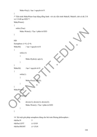O
PEN
.PTIT.ED
U
.VN
184
Make-Oxy(); //tạo 1 nguyên tử O
}
/* Tiến trình MakeWater hoạt động đồng hành với các tiến trình MakeH, MakeO, chờ có đủ 2 H
và 1 O để tạo H2O */
MakeWater()
{
while (True)
Make-Water(); //Tạo 1 phân tử H2O
}
HD:
Semaphore s1=0, s2=0;
MakeH() // tạo 1 nguyên tử H
{
while (1)
{
Make-Hydro(); up(s1);
}
}
MakeO() //tạo 1 nguyên tử O
{
while(1)
{
Make-Oxy(); up(s2);
}
}
MakeWater()
{
while (1)
{
down(s1); down(s1); down(s2);
Make-Water(); //Tạo 1 phân tử H2O
}
}
14. Xét một giải pháp semaphore đúng cho bài toán Dining philosophers :
#defineN 5
#defineLEFT (i-1)%N
#defineRIGHT (i+1)%N
 