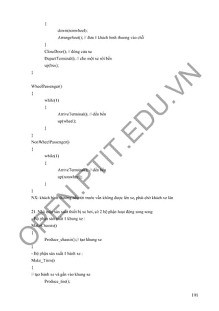 O
PEN
.PTIT.ED
U
.VN
191
{
down(nonwheel);
ArrangeSeat(); // đưa 1 khách binh thuong vào chỗ
}
CloseDoor(); // đóng cửa xe
DepartTerminal(); // cho một xe rời bến
up(bus);
}
WheelPassenger()
{
while(1)
{
ArriveTerminal(); // đến bến
up(wheel);
}
}
NonWheelPassenger()
{
while(1)
{
ArriveTerminal(); // đến bến
up(nonwheel);
}
}
NX: khách bình thường nếu tới trước vẫn không được lên xe, phải chờ khách xe lăn
21. Nhà máy sản xuất thiết bị xe hơi, có 2 bộ phận hoạt động song song
- Bộ phận sản xuất 1 khung xe :
MakeChassis()
{
Produce_chassis();// tạo khung xe
}
- Bộ phận sản xuất 1 bánh xe :
Make_Tires()
{
// tạo bánh xe và gắn vào khung xe
Produce_tire();
 