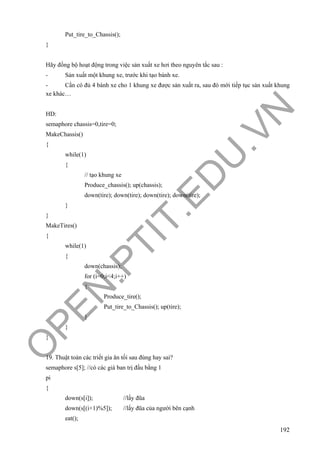 O
PEN
.PTIT.ED
U
.VN
192
Put_tire_to_Chassis();
}
Hãy đồng bộ hoạt động trong việc sản xuất xe hơi theo nguyên tắc sau :
- Sản xuất một khung xe, trước khi tạo bánh xe.
- Cần có đủ 4 bánh xe cho 1 khung xe được sản xuất ra, sau đó mới tiếp tục sản xuất khung
xe khác…
HD:
semaphore chassis=0,tire=0;
MakeChassis()
{
while(1)
{
// tạo khung xe
Produce_chassis(); up(chassis);
down(tire); down(tire); down(tire); down(tire);
}
}
MakeTires()
{
while(1)
{
down(chassis);
for (i=0;i<4;i++)
{
Produce_tire();
Put_tire_to_Chassis(); up(tire);
}
}
}
19. Thuật toán các triết gia ăn tối sau đúng hay sai?
semaphore s[5]; //có các giá ban trị đầu bằng 1
pi
{
down(s[i]); //lấy đũa
down(s[(i+1)%5]); //lấy đũa của người bên cạnh
eat();
 