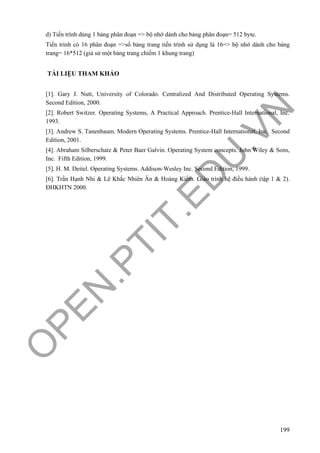 O
PEN
.PTIT.ED
U
.VN
199
d) Tiến trình dùng 1 bảng phân đoạn => bộ nhớ dành cho bảng phân đoạn= 512 byte.
Tiến trình có 16 phân đoạn =>số bảng trang tiến trình sử dụng là 16=> bộ nhớ dành cho bảng
trang= 16*512 (giả sử một bảng trang chiếm 1 khung trang)
TÀI LIỆU THAM KHẢO
[1]. Gary J. Nutt, University of Colorado. Centralized And Distributed Operating Systems.
Second Edition, 2000.
[2]. Robert Switzer. Operating Systems, A Practical Approach. Prentice-Hall International, Inc.
1993.
[3]. Andrew S. Tanenbaum. Modern Operating Systems. Prentice-Hall International, Inc. Second
Edition, 2001.
[4]. Abraham Silberschatz & Peter Baer Galvin. Operating System concepts. John Wiley & Sons,
Inc. Fifth Edition, 1999.
[5]. H. M. Deitel. Operating Systems. Addison-Wesley Inc. Second Edition, 1999.
[6]. Trần Hạnh Nhi & Lê Khắc Nhiên Ân & Hoàng Kiếm. Giáo trình hệ điều hành (tập 1 & 2).
ĐHKHTN 2000.
 