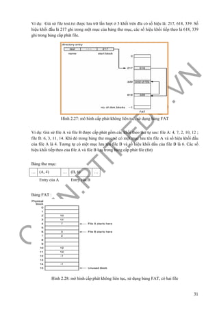 O
PEN
.PTIT.ED
U
.VN
31
Ví dụ: Giả sử file test.txt được lưu trữ lần lượt ở 3 khối trên đĩa có số hiệu là: 217, 618, 339. Số
hiệu khối đầu là 217 ghi trong một mục của bảng thư mục, các số hiệu khối tiếp theo là 618, 339
ghi trong bảng cấp phát file.
Hình 2.27: mô hình cấp phát không liên tục, sử dụng bảng FAT
Ví dụ: Giả sử file A và file B được cấp phát gồm các khối theo thứ tự sau: file A: 4, 7, 2, 10, 12 ;
file B: 6, 3, 11, 14. Khi đó trong bảng thư mục sẽ có một mục lưu tên file A và số hiệu khối đầu
của file A là 4. Tương tự có một mục lưu tên file B và số hiệu khối đầu của file B là 6. Các số
hiệu khối tiếp theo của file A và file B lưu trong bảng cấp phát file (fat)
Bảng thư mục:
… (A, 4) … (B, 6) …
Entry của A Entry của B
Bảng FAT :
Hình 2.28: mô hình cấp phát không liên tục, sử dụng bảng FAT, có hai file
 