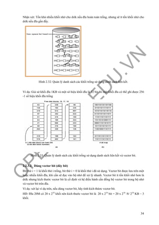 O
PEN
.PTIT.ED
U
.VN
34
Nhận xét: Tốn khá nhiều khối nhớ cho dslk nếu đĩa hoàn toàn trống, nhưng sẽ ít tốn khối nhớ cho
dslk nếu đĩa gần đầy.
Hình 2.32: Quản lý danh sách các khối trống sử dụng danh sách liên kết.
Ví dụ: Giả sử khối đĩa 1KB và một sô hiệu khối đĩa là 32 bit thì một khối đĩa có thể ghi được 256
-1 số hiệu khối đĩa trống
Hình 2.33: Quản lý danh sách các khối trống sử dụng danh sách liên kết và vector bit.
2.2.3.2 Dùng vector bit (dãy bít)
Bit thứ i = 1 là khối thứ i trống, bit thứ i = 0 là khối thứ i đã sử dụng. Vector bit được lưu trên một
hoặc nhiều khối đĩa, khi cần sẽ đọc vào bộ nhớ để xử lý nhanh. Vector bit ít tốn khối nhớ hơn là
dslk nhưng kích thước vector bit là cố định và hệ điều hành cần đồng bộ vector bit trong bộ nhớ
và vector bit trên đĩa.
Ví dụ: xét lại ví dụ trên, nếu dùng vector bit, hãy tính kích thứơc vector bit.
HD: Đĩa 20M có 20 x 210
khối nên kích thước vector bit là 20 x 210
bit = 20 x 210
/8/ 210
KB ~ 3
khối.
 