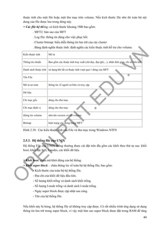 O
PEN
.PTIT.ED
U
.VN
40
thuộc tính cho một file hoặc một thư mục trên volume. Nếu kích thước file nhỏ thì toàn bộ nội
dung của file được lưu trong dòng này.
+ Các file hệ thống: có kích thước khoảng 1Mb bao gồm:
. MFT2: bản sao của MFT
. Log file: thông tin dùng cho việc phục hồi.
. Cluster bitmap: biểu diễn thông tin lưu trữ của các cluster
. Bảng định nghĩa thuộc tính: định nghĩa các kiểu thuộc tính hỗ trợ cho volume.
Kiểu thuộc tính Mô tả
Thông tin chuẩn Bao gồm các thuộc tính truy xuất (chỉ đọc, đọc/ghi,...), nhãn thời gian, chỉ số liên kết
Danh sách thuộc tính sử dụng khi tất cả thuộc tính vượt quá 1 dòng của MFT
Tên File
Mô tả an toàn thông tin về người sở hữu và truy cập
Dữ liệu
Chỉ mục gốc dùng cho thư mục
Chỉ mục định vị dùng cho thư mục
thông tin volume như tên version và tên volume
Bitmap hiện trạng các dòng trong MFT
Hình 2.38: Các kiểu thuộc tính của File và thư mục trong Windows NTFS
2.5.3. Hệ thống file của UNIX
Hệ thống File của UNIX thông thường được cài đặt trên đĩa gồm các khối theo thứ tự sau: khối
boot, khối đặc biệt, I-nodes, các khối dữ liệu.
+ Khối boot: chứa mã khởi động của hệ thống.
+ Khối super block : chứa thông tin về toàn bộ hệ thống file, bao gồm:
- Kích thước của toàn bộ hệ thống file.
- Địa chỉ của khối dữ liệu đầu tiên.
- Số lượng khối trống và danh sách khối trống.
- Số lượng I-node trống và danh sách I-node trống.
- Ngày super block được cập nhật sau cùng.
- Tên của hệ thống file.
Nếu khối này bị hỏng, hệ thống file sẽ không truy cập được. Có rất nhiều trình ứng dụng sử dụng
thông tin lưu trữ trong super block, vì vậy một bản sao super block được đặt trong RAM để tăng
 