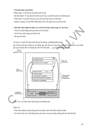 O
PEN
.PTIT.ED
U
.VN
64
+ Tín hiệu được gởi đi bởi:
- Phần cứng: Ví dụ lỗi do các phép tính số học
- Hệ điều hành: Ví dụ một tiến trình nào đó truy xuất đến một địa chỉ bất hợp lệ.
- Tiến trình: Ví dụ tiến trình cha yêu cầu một tiến trình con kết thúc
- Người sử dụng: Ví dụ NSD nhấn phím Ctl-C để ngắt xử lý của tiến trình.
+ Khi tiến trình nhận tín hiệu, nó có thể xử lý theo một trong các cách sau:
- Xử lý tín hiệu bằng cách gọi hàm xử lý tín hiệu.
- Xử lý theo cách riêng của tiến trình.
- Bỏ qua tín hiệu.
Ví dụ có 11 bước khi thực hiện lời gọi hệ thống: read(fd,buffer,nbyte)
ghi số byte cần đọc (nbytes) vào thanh ghi; ghi địa chỉ vùng nhớ chứa dữ liệu (buffer) vào thanh
ghi; ghi số hiệu đĩa vào thanh ghi (fd=0 là đĩa mềm,…); gọi hàm hệ thống read;…
Hình 3.22: các bước thực hiện lời gọi hệ thống read.
Nhận xét
- Tiến trình nhận tín hiệu không thể xác định trước thời điểm nhận tín hiệu.
- Các tiến trình chỉ có thể thông báo cho nhau về một sự kiện, không thể trao đổi dữ liệu
 