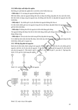 O
PEN
.PTIT.ED
U
.VN
83
3.5.2 Điều kiện xuất hiện tắc nghẽn
Hệ thống sẽ xuất hiện tắc nghẽn khi và chỉ khi có đủ 4 điều kiện sau:
+ Điều kiện 1: Có sử dụng tài nguyên không thể chia sẻ
Mỗi thời điểm, một tài nguyên không thể chia sẻ được hệ thống cấp phát chỉ cho một tiến trình ,
khi tiến trình sử dụng xong tài nguyên này, hệ thống mới thu hồi và cấp phát tài nguyên cho tiến
trình khác.
+ Điều kiện 2: Sự chiếm giữ và yêu cầu thêm tài nguyên không thể chia sẻ
Có tiến trình chiếm giữ các tài nguyên trong khi lại chờ được cấp phát thêm tài nguyên bị chiếm
giữ bởi tiến trình khác.
+ Điều kiện 3: Không thu hồi tài nguyên từ tiến trình đang giữ chúng
Tài nguyên không thể được thu hồi từ tiến trình đang chiếm giữ chúng trước khi tiến trình này sử
dụng chúng xong.
+ Điều kiện 4: Tồn tại một chu trình trong đồ thị cấp phát tài nguyên
Có ít nhất hai tiến trình chờ đợi lẫn nhau: tiến trình này chờ được cấp phát tài nguyên đang bị tiến
trình khác chiếm giữ và ngược lại.
3.5.3 Đồ thị cấp phát tài nguyên:
hình tròn là tiến trình, hình vuông là tài nguyên. Đối với tiến trình, mũi tên đi ra là chiếm giữ tài
nguyên, mũi tên vào là yêu cầu tài nguyên. Ví dụ tiến trình A đang giữ tài nguyên R, tiến trình B
yêu cầu tài nguyên S. Tiến trình C giữ U, yêu cầu T, tiến trình D giữ T, yêu cầu U. Tập hợp tiến
trình {C,D} gọi là ở tình trạng tắc nghẽn.
Hình 3.31: mô hình đồ thị cấp phát tài nguyên
Hình 3.32: một ví dụ về tắc nghẽn
 