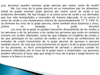 ¿Las personas pueden contraer gripe porcina por comer carne de cerdo?
No. Los virus de la gripe porcina no se transmiten por los alimentos.
Usted no puede contraer gripe porcina por comer carne de cerdo o sus
productos derivados. No hay riesgos si se come carne de cerdo y sus derivados
que han sido manipulados y cocinados de manera adecuada. Si se cocina la
carne de cerdo a una temperatura interna de aproximadamente 71° C (160° F),
se eliminan los virus de la gripe porcina, como también otras bacterias y virus.
¿Cómo se propaga la gripe porcina?
Los virus de la gripe se pueden transmitir directamente de los cerdos a
las personas y de las personas a los cerdos.las personas que están en contacto
cercano con cerdos infectados, como las que trabajan en criaderos de cerdos y
las que participan en las casetas de cerdos en las ferias de exhibiciones de
animales de críala transmisión de la gripe porcina de persona a persona
también ocurre. Se cree que esta transmisión es igual a la de la gripe estacional
en las personas, es decir principalmente de persona a persona cuando las
personas infectadas por el virus de la gripe tosen o estornudan. Las personas
pueden infectarse al tocar algo que tenga el virus de la gripe y luego llevarse las
manos a la boca o la nariz.
 