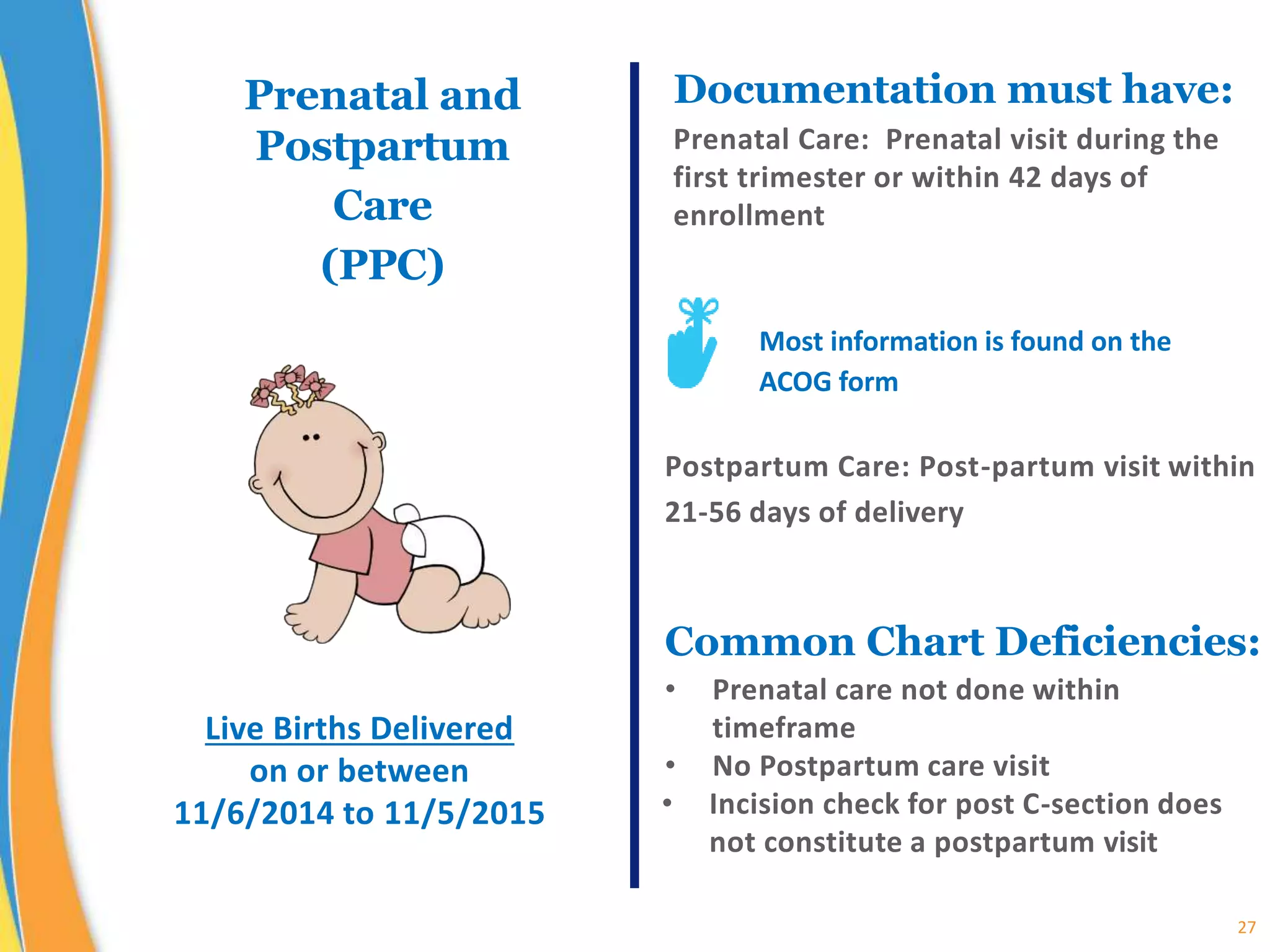 27
Documentation must have:
Prenatal Care: Prenatal visit during the
first trimester or within 42 days of
enrollment
Most information is found on the
ACOG form
Postpartum Care: Post-partum visit within
21-56 days of delivery
Common Chart Deficiencies:
• Prenatal care not done within
timeframe
• No Postpartum care visit
• Incision check for post C-section does
not constitute a postpartum visit
Prenatal and
Postpartum
Care
(PPC)
Live Births Delivered
on or between
11/6/2014 to 11/5/2015
 