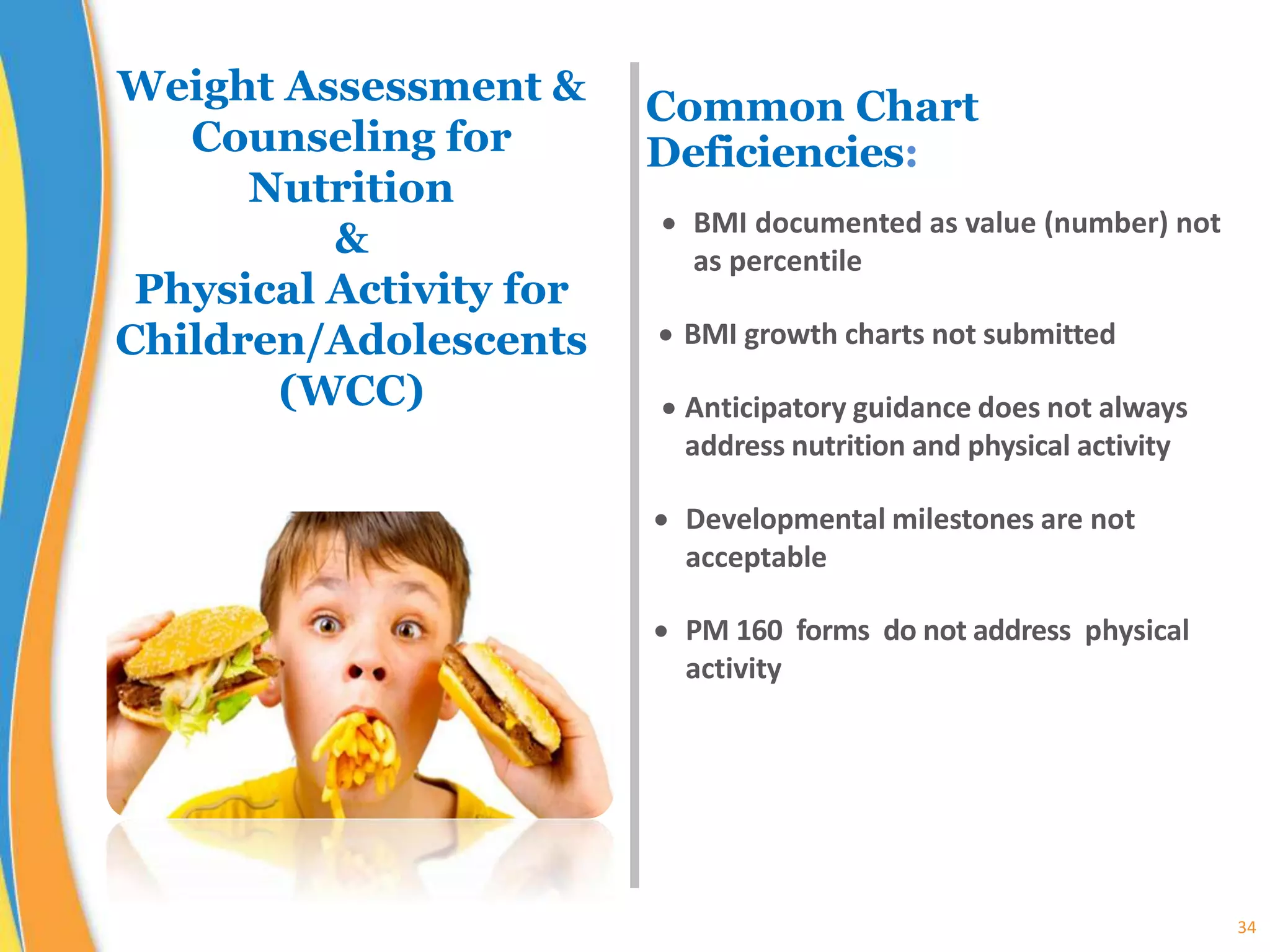 34
Common Chart
Deficiencies:
 BMI documented as value (number) not
as percentile
 BMI growth charts not submitted
 Anticipatory guidance does not always
address nutrition and physical activity
 Developmental milestones are not
acceptable
 PM 160 forms do not address physical
activity
Weight Assessment &
Counseling for
Nutrition
&
Physical Activity for
Children/Adolescents
(WCC)
 
