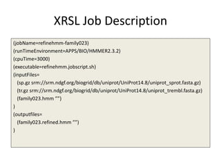 XRSL Job Description
(jobName=refinehmm-family023)
(runTimeEnvironment=APPS/BIO/HMMER2.3.2)
(cpuTime=3000)
(executable=refinehmm.jobscript.sh)
(inputFiles=
  (sp.gz srm://srm.ndgf.org/biogrid/db/uniprot/UniProt14.8/uniprot_sprot.fasta.gz)
  (tr.gz srm://srm.ndgf.org/biogrid/db/uniprot/UniProt14.8/uniprot_trembl.fasta.gz)
  (family023.hmm ””)
)
(outputfiles=
  (family023.refined.hmm ””)
)
 