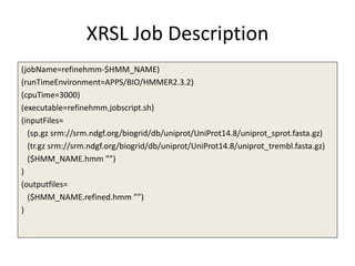 XRSL Job Description
(jobName=refinehmm-$HMM_NAME)
(runTimeEnvironment=APPS/BIO/HMMER2.3.2)
(cpuTime=3000)
(executable=refinehmm.jobscript.sh)
(inputFiles=
  (sp.gz srm://srm.ndgf.org/biogrid/db/uniprot/UniProt14.8/uniprot_sprot.fasta.gz)
  (tr.gz srm://srm.ndgf.org/biogrid/db/uniprot/UniProt14.8/uniprot_trembl.fasta.gz)
  ($HMM_NAME.hmm ””)
)
(outputfiles=
  ($HMM_NAME.refined.hmm ””)
)
 
