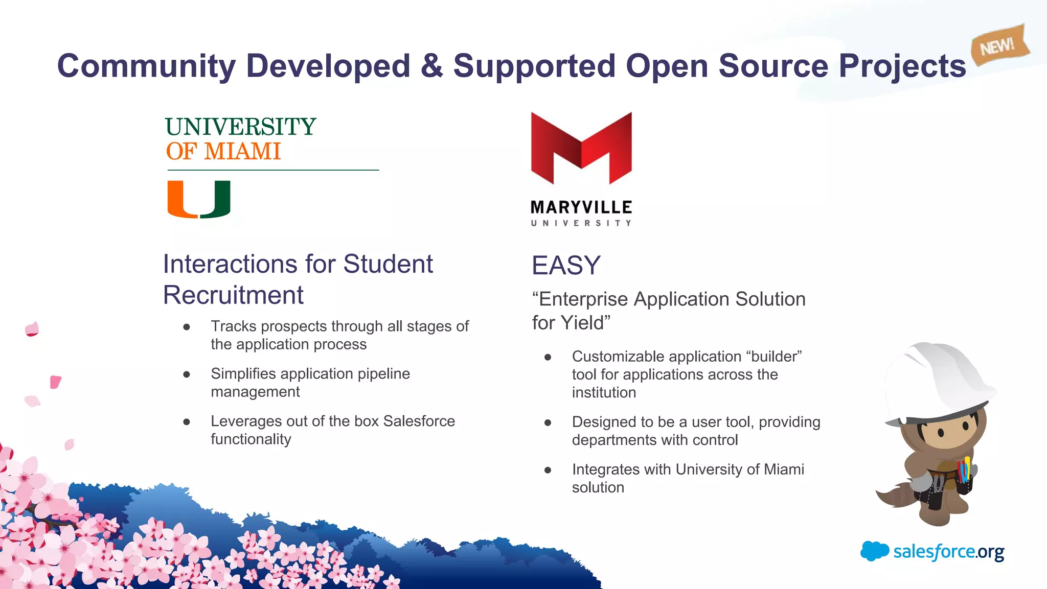 Community Developed & Supported Open Source Projects
● Tracks prospects through all stages of
the application process
● Simplifies application pipeline
management
● Leverages out of the box Salesforce
functionality
Interactions for Student
Recruitment
● Customizable application “builder”
tool for applications across the
institution
● Designed to be a user tool, providing
departments with control
● Integrates with University of Miami
solution
EASY
“Enterprise Application Solution
for Yield”
 