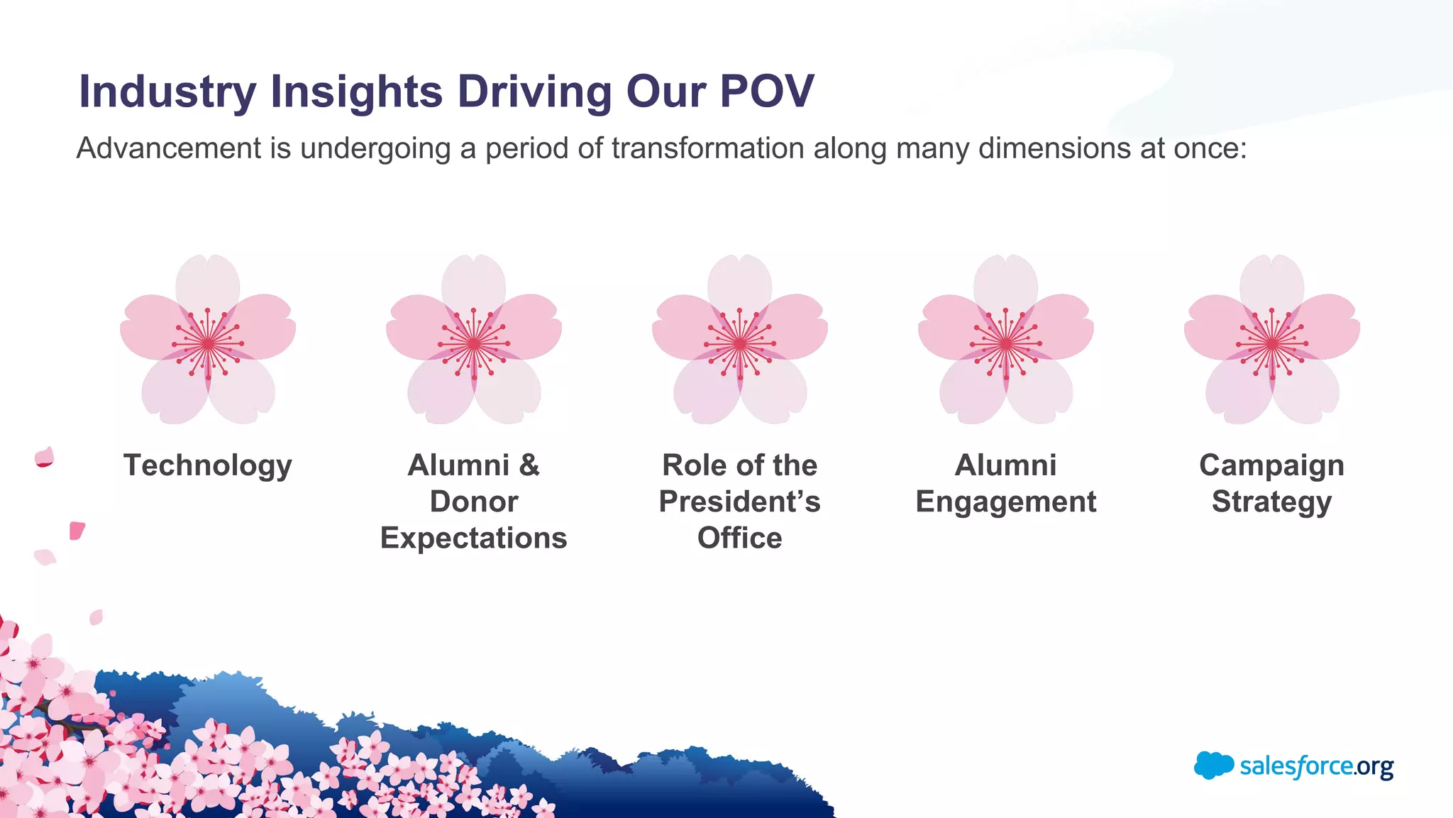 Industry Insights Driving Our POV
Advancement is undergoing a period of transformation along many dimensions at once:
Technology Alumni &
Donor
Expectations
Role of the
President’s
Office
Alumni
Engagement
Campaign
Strategy
 