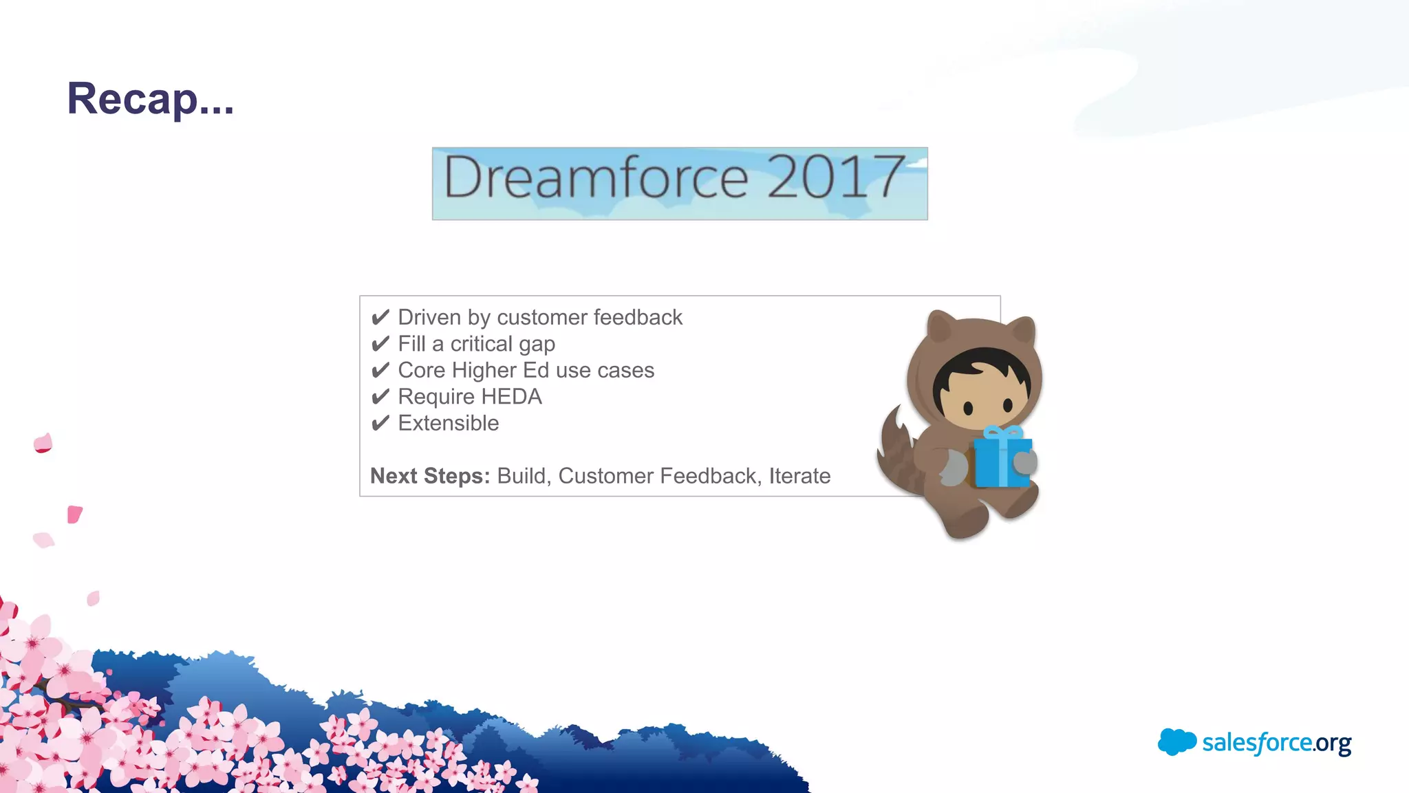 Recap...
✔ Driven by customer feedback
✔ Fill a critical gap
✔ Core Higher Ed use cases
✔ Require HEDA
✔ Extensible
Next Steps: Build, Customer Feedback, Iterate
 