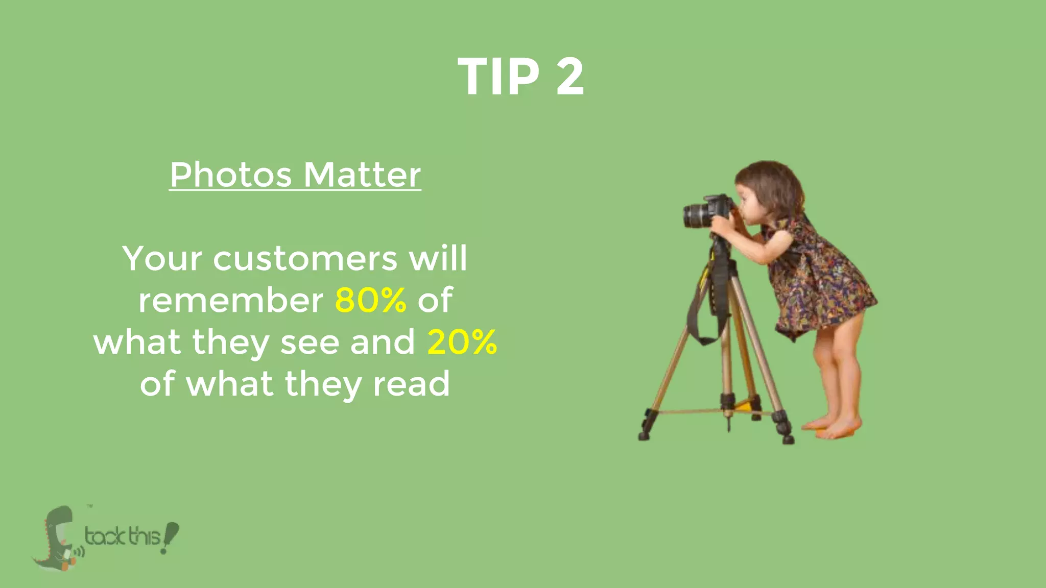 TIP 2
Photos Matter
Your customers will
remember 80% of
what they see and 20%
of what they read