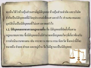 จะเห็นได้ว่าห้างหุ้นส่วนสามัญนิติบุคคล ห้างหุ้นส่วนจากัด และบริษัท
จากัดเป็นนิติบุคคลที่มีวัตถุประสงค์เพื่อแสวงหากาไร ส่วนสมาคมและ
มูลนิธินั้นเป็นนิติบุคคลที่ไม่แสวงหาผลกาไร
1.2. นิติบุคคลเอกชนตามกฎหมายอื่น คือ นิติบุคคลที่จัดตั้งขึ้นตาม
กฎหมายมหาชน ซึ้งนิติบุคคลนั้นมีอานาจเหนือบุคคลใดๆที่เกี่ยวข้องกับ
การดาเนินงานของตน เช่น กระทรวง ทบวง กรม จังหวัด ซึ่งเหล่านี้ก็จะ
หมายถึง อาเภอ ตาบล และหมู่บ้าน จึงไม่มีฐานะเป็นนิติบุคคล
 