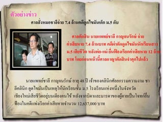 ตัวอย่างข่าว
ศาลสั่งหมอชาลีจ่าย 7.4 ล้านคดีดูดไขมันเด็ก ม.5 ดับ
ศาลตัดสิน นายแพทย์ชาลี กาญจนรักษ์ จ่าย
ค่าเสียหาย 7.4 ล้านบาท คดีผ่าตัดดูดไขมันนักเรียนสาว
ม.5 เสียชีวิต หลังพ่อ-แม่ ยื่นฟ้ องเรียกค่าเสียหาย 12 ล้าน
บาท โดยก่อนหน้านี้ศาลอาญาตัดสินจาคุกไปแล้ว
นายแพทย์ชาลี กาญจนรักษ์ อายุ 48 ปี เจ้าของคลินิกศัลยกรรมความงาม ชา
ลีคลินิก ดูดไขมันเป็นเหตุให้นักเรียนชั้น ม.5 โรงเรียนแห่งหนึ่งในจังหวัด
เชียงใหม่เสียชีวิตอยู่บนเตียงคนไข้ หลังจากบิดาและมารดาของผู้ตายเป็นโจทก์ยื่น
ฟ้องในคดีแพ่งเรียกค่าเสียหายจานวน 12,637,000 บาท
 