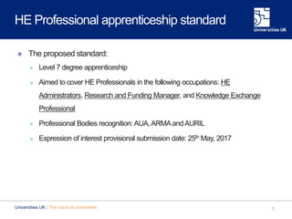 HE Professional apprenticeship standard
» The proposed standard:
» Level 7 degree apprenticeship
» Aimed to cover HE Professionals in the following occupations: HE
Administrators, Research and Funding Manager, and Knowledge Exchange
Professional
» Professional Bodies recognition: AUA,ARMAandAURIL
» Expression of interest provisional submission date: 25th May, 2017
7Universities UK | The voice of universities
 