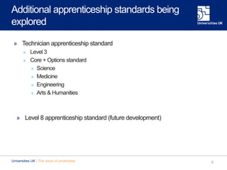 Additional apprenticeship standards being
explored
» Technician apprenticeship standard
» Level 3
» Core + Options standard
» Science
» Medicine
» Engineering
» Arts & Humanities
» Level 8 apprenticeship standard (future development)
8Universities UK | The voice of universities
 