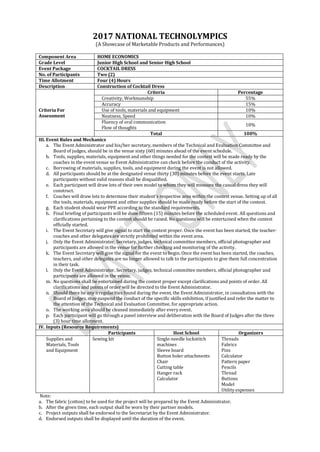 2017 NATIONAL TECHNOLYMPICS
(A Showcase of Marketable Products and Performances)
Component Area HOME ECONOMICS
Grade Level Junior High School and Senior High School
Event Package COCKTAIL DRESS
No. of Participants Two (2)
Time Allotment Four (4) Hours
Description Construction of Cocktail Dress
Criteria For
Assessment
Criteria Percentage
Creativity, Workmanship 55%
Accuracy 15%
Use of tools, materials and equipment 10%
Neatness, Speed 10%
Fluency of oral communication
Flow of thoughts
10%
Total 100%
III. Event Rules and Mechanics
a. The Event Administrator and his/her secretary, members of the Technical and Evaluation Committee and
Board of judges, should be in the venue sixty (60) minutes ahead of the event schedule.
b. Tools, supplies, materials, equipment and other things needed for the contest will be made ready by the
coaches in the event venue so Event Administrative can check before the conduct of the activity.
c. Borrowing of materials, supplies, tools, and equipment during the event is not allowed.
d. All participants should be at the designated venue thirty (30) minutes before the event starts. Late
participants without valid reasons shall be disqualified.
e. Each participant will draw lots of their own model to whom they will measure the casual dress they will
construct.
f. Coaches will draw lots to determine their student’s respective area within the contest venue. Setting up of all
the tools, materials, equipment and other supplies should be made ready before the start of the contest.
g. Each student should wear PPE according to the standard requirements.
h. Final briefing of participants will be done fifteen (15) minutes before the scheduled event. All questions and
clarifications pertaining to the contest should be raised. No questions will be entertained when the contest
officially started.
i. The Event Secretary will give signal to start the contest proper. Once the event has been started, the teacher-
coaches and other delegates are strictly prohibited within the event area.
j. Only the Event Administrator, Secretary, judges, technical committee members, official photographer and
participants are allowed in the venue for further checking and monitoring of the activity.
k. The Event Secretary will give the signal for the event to begin. Once the event has been started, the coaches,
teachers, and other delegates are no longer allowed to talk to the participants to give them full concentration
in their task.
l. Only the Event Administrator, Secretary, judges, technical committee members, official photographer and
participants are allowed in the venue.
m. No questions shall be entertained during the contest proper except clarifications and points of order. All
clarifications and points of order will be directed to the Event Administrator.
n. Should there be any irregularities found during the event, the Event Administrator, in consultation with the
Board of Judges, may suspend the conduct of the specific skills exhibition, if justified and refer the matter to
the attention of the Technical and Evaluation Committee, for appropriate action.
o. The working area should be cleaned immediately after every event.
p. Each participant will go through a panel interview and deliberation with the Board of Judges after the three
(3) hour time allotment.
IV. Inputs (Resource Requirements)
Participants Host School Organizers
Supplies and
Materials, Tools
and Equipment
Sewing kit Single-needle lockstitch
machines
Sleeve board
Button holer attachments
Chair
Cutting table
Hanger rack
Calculator
Threads
Fabrics
Pins
Calculator
Pattern paper
Pencils
Thread
Buttons
Model
Utility expenses
Note:
a. The fabric (cotton) to be used for the project will be prepared by the Event Administrator.
b. After the given time, each output shall be worn by their partner models.
c. Project outputs shall be endorsed to the Secretariat by the Event Administrator.
d. Endorsed outputs shall be displayed until the duration of the event.
 