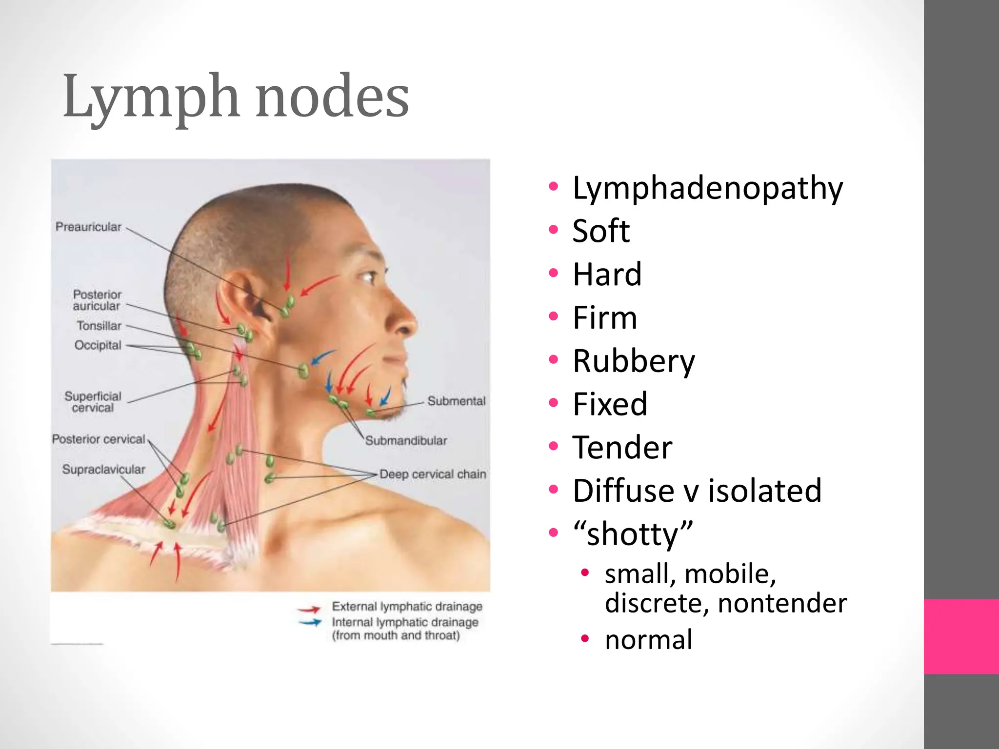 Lymph nodes
• Lymphadenopathy
• Soft
• Hard
• Firm
• Rubbery
• Fixed
• Tender
• Diffuse v isolated
• “shotty”
• small, mobile,
discrete, nontender
• normal
 