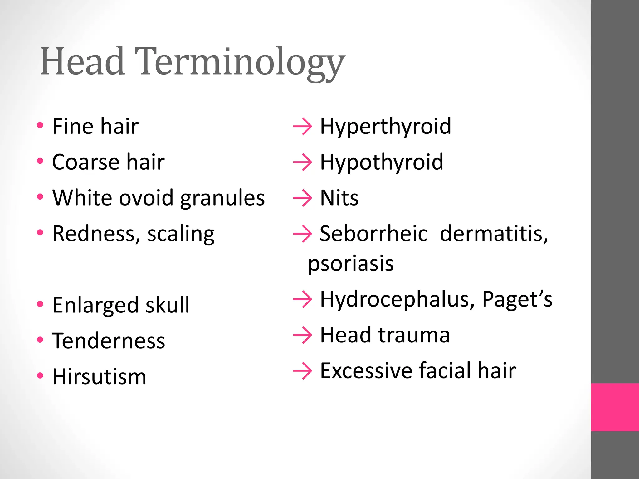 Head Terminology
• Fine hair
• Coarse hair
• White ovoid granules
• Redness, scaling
• Enlarged skull
• Tenderness
• Hirsutism
→ Hyperthyroid
→ Hypothyroid
→ Nits
→ Seborrheic dermatitis,
psoriasis
→ Hydrocephalus, Paget’s
→ Head trauma
→ Excessive facial hair
 