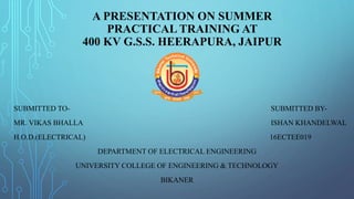 A PRESENTATION ON SUMMER
PRACTICAL TRAINING AT
400 KV G.S.S. HEERAPURA, JAIPUR
SUBMITTED TO- SUBMITTED BY-
MR. VIKAS BHALLA ISHAN KHANDELWAL
H.O.D.(ELECTRICAL) 16ECTEE019
DEPARTMENT OF ELECTRICAL ENGINEERING
UNIVERSITY COLLEGE OF ENGINEERING & TECHNOLOGY
BIKANER
 