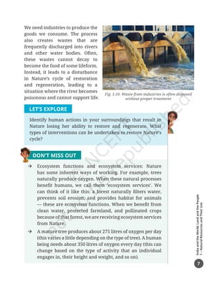 7
India
and
the
World:
Land
and
the
People
1
–
Natural
Resources
and
Their
Use
We need industries to produce the
goods we consume. The process
also creates wastes that are
frequently discharged into rivers
and other water bodies. Often,
these wastes cannot decay to
become the food of some lifeform.
Instead, it leads to a disturbance
in Nature’s cycle of restoration
and regeneration, leading to a
situation where the river becomes
poisonous and cannot support life.
LET’S EXPLORE
Identify human actions in your surroundings that result in
Nature losing her ability to restore and regenerate. What
types of interventions can be undertaken to restore Nature’s
cycle?
DON’T MISS OUT
Æ Ecosystem functions and ecosystem services: Nature
has some inherent ways of working. For example, trees
naturally produce oxygen. When these natural processes
benefit humans, we call them ‘ecosystem services’. We
can think of it like this: a forest naturally filters water,
prevents soil erosion, and provides habitat for animals
— these are ecosystem functions. When we benefit from
clean water, protected farmland, and pollinated crops
because of that forest, we are receiving ecosystem services
from Nature.
Æ A mature tree produces about 275 litres of oxygen per day
(this varies a little depending on the type of tree). A human
being needs about 350 litres of oxygen every day (this can
change based on the type of activity that an individual
engages in, their height and weight, and so on).
Fig. 1.10. Waste from industries is often disposed
without proper treatment
Chapter 1.indd 7 05-07-2025 16:47:42
 