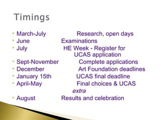  March-July         Research, open days
 June          Examinations
 July           HE Week - Register for
                    UCAS application
 Sept-November       Complete applications
 December            Art Foundation deadlines
 January 15th       UCAS final deadline
 April-May          Final choices & UCAS
                   extra
 August        Results and celebration
 
