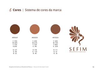 Simpósio de Estética e Filosofia da Música Manual de Identidade Visual 19
#89563F
C: 35%
M: 66%
Y: 75%
K:26%
R: 137
G: 86
B: 63
#B26E50
C: 26%
M: 61%
Y: 72%
K: 8%
R: 178
G: 110
B: 80
#6F3D24
C: 36%
M: 72%
Y: 86%
K: 42%
R: 111
G: 61
B: 36
SIMPÓSIODEESTÉTICAEFILOSOFIADAMÚSI
S E F I M
Cores Sistema de cores da marca
 