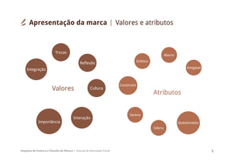 Simpósio de Estética e Filosofia da Música Manual de Identidade Visual 5
Trocas
Atributos
Reflexão
Sóbrio
Eclético
Integração
Interação
Cultura
Amigável
Aberto
Sereno
Construtor
QuestionadorImportância
Apresentação da marca Valores e atributos
Valores
 