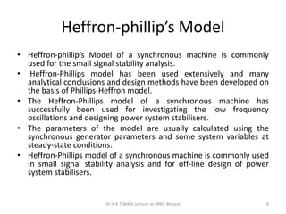 Heffron-phillip’s Model
• Heffron-phillip’s Model of a synchronous machine is commonly
used for the small signal stability analysis.
• Heffron-Phillips model has been used extensively and many
analytical conclusions and design methods have been developed on
the basis of Phillips-Heffron model.
• The Heffron-Phillips model of a synchronous machine has
successfully been used for investigating the low frequency
oscillations and designing power system stabilisers.
• The parameters of the model are usually calculated using the
synchronous generator parameters and some system variables at
steady-state conditions.
• Heffron-Phillips model of a synchronous machine is commonly used
in small signal stability analysis and for off-line design of power
system stabilisers.
Dr A K TIWARI Lecture at MNIT Bhopal 8
 