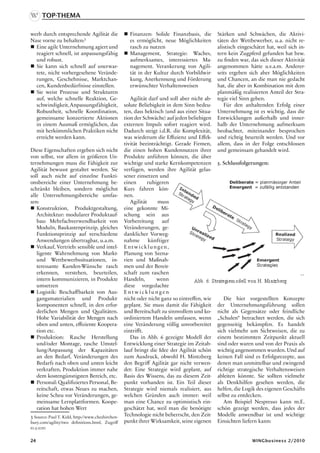 Top-Thema

werb durch entsprechende Agilität die              Finanzen: Solide Finanzbasis, die        Stärken und Schwächen, die Aktivi-
Nase vorne zu behalten:                            es ermöglicht, neue Möglichkeiten        täten der Wettbewerber, u.a. nicht re-
 Eine agile Unternehmung agiert und                rasch zu nutzen                          alistisch eingeschätzt hat, weil sich in-
  reagiert schnell, ist anpassungsfähig            Management, Strategie: Waches,           tern kein Zugpferd gefunden hat bzw.
  und robust.                                       aufmerksames, interessiertes Ma-         zu finden war, das sich dieser Aktivität
 Sie kann sich schnell auf unerwar-                nagement. Verankerung von Agili-         angenommen hätte u.v.a.m. Anderer-
  tete, nicht vorhergesehene Verände-               tät in der Kultur durch Vorbildwir-      seits ergeben sich aber Möglichkeiten
  rungen, Geschehnisse, Marktchan-                  kung, Anerkennung und Förderung          und Chancen, an die man nie gedacht
  cen, Kundenbedürfnisse einstellen.                erwünschter Verhaltensweisen             hat, die aber in Kombination mit dem
 Sie weist Prozesse und Strukturen                                                          planmäßig realisierten Anteil der Stra-
  auf, welche schnelle Reaktion, Ge-                 Agilität darf und soll aber nicht ab-   tegie viel Sinn geben.
  schwindigkeit, Anpassungsfähigkeit,             solute Beliebigkeit in dem Sinn bedeu-        Für den anhaltenden Erfolg einer
  Robustheit, schnelle Koordination,              ten, dass hektisch (und aus einer Situa-   Unternehmung ist es wichtig, dass die
  gemeinsame konzertierte Aktionen                tion der Schwäche) auf jeden beliebigen    Entwicklungen außerhalb und inner-
  in einem Ausmaß ermöglichen, das                externen Impuls sofort reagiert wird.      halb der Unternehmung aufmerksam
  mit herkömmlichen Praktiken nicht               Dadurch steigt i.d.R. die Komplexität,     beobachtet, miteinander besprochen
  erreicht werden kann.                           was wiederum die Effizienz und Effek-      und richtig beurteilt werden. Und vor
                                                  tivität beeinträchtigt. Gerade Firmen,     allem, dass in der Folge entschlossen
Diese Eigenschaften ergeben sich nicht            die einen hohen Kundennutzen ihrer         und gemeinsam gehandelt wird.
von selbst, vor allem in größeren Un-             Produkte anführen können, die über
ternehmungen muss die Fähigkeit zur               wichtige und starke Kernkompetenzen        5. Schlussfolgerungen:
Agilität bewusst gestaltet werden. Sie            verfügen, werden ihre Agilität gelas-
soll auch nicht auf einzelne Funkti-              sener einsetzen und
onsbereiche einer Unternehmung be-                einen      ruhigeren
schränkt bleiben, sondern möglichst               Kurs fahren kön-
alle Unternehmungsbereiche umfas-                 nen.
sen:                                                 Agilität     muss
 Konstruktion, Produktgestaltung,                eine gekonnte Mi-
   Architektur: modularer Produktauf-             schung sein aus
   bau: Mehrfachverwendbarkeit von                Vorbereitung      auf
   Moduln, Baukastenprinzip, gleiches             Veränderungen, ge-
   Funktionsprinzip auf verschiedene              danklicher Vorweg-
   Anwendungen übertragbar, u.a.m.                nahme       künftiger
 Verkauf, Vertrieb: sensible und intel-          Ent w ick lungen,
   ligente Wahrnehmung von Markt-                 Planung von Szena-
   und Wettbewerbssituationen, in-                rien und Maßnah-
   teressante Kunden-Wünsche rasch                men und der Bereit-
   erkennen, verstehen, beurteilen,               schaft zum raschen
   intern kommunizieren, in Produkte              Handeln,       wenn
   umsetzen                                       diese vorgedachte
 Logistik: Beschaffbarkeit von Aus-              Ent wick lungen
   gangsmaterialien und Produkt-                  nicht oder nicht ganz so eintreffen, wie      Die hier vorgestellten Konzepte
   komponenten schnell, in den erfor-             geplant. Sie muss damit die Fähigkeit      der Unternehmungsführung sollen
   derlichen Mengen und Qualitäten.               und Bereitschaft zu sinnvollem und ko-     nicht als Gegensätze oder feindliche
   Hohe Variabilität der Mengen nach              ordiniertem Handeln umfassen, wenn         „Schulen“ betrachtet werden, die sich
   oben und unten, effiziente Koopera-            eine Veränderung völlig unvorbereitet      gegenseitig bekämpfen. Es handelt
   tion etc.                                      eintrifft.                                 sich vielmehr um Sichtweisen, die zu
 Produktion: Rasche Herstellung                     Das in Abb. 6 gezeigte Modell der       einem bestimmten Zeitpunkt aktuell
   und/oder Montage, rasche Umstel-               Entwicklung einer Strategie im Zeitab-     sind oder waren und von der Praxis als
   lung/Anpassung der Kapazitäten                 lauf bringt die Idee der Agilität schön    wichtig angenommen wurden. Und auf
   an den Bedarf, Veränderungen des               zum Ausdruck, obwohl H. Mintzberg          keinen Fall sind es Erfolgsrezepte, aus
   Bedarfs nach oben und unten leicht             den Begriff Agilität gar nicht verwen-     denen man unmittelbar und zwingend
   verkraften, Produktion immer nahe              det: Eine Strategie wird geplant, auf      richtige strategische Verhaltensweisen
   dem kostengünstigsten Bereich, etc.            Basis des Wissens, das zu diesem Zeit-     ableiten könnte. Sie sollten vielmehr
 Personal: Qualifiziertes Personal, Be-          punkt vorhanden ist. Ein Teil dieser       als Denkhilfen gesehen werden, die
   reitschaft, etwas Neues zu machen,             Strategie wird niemals realisiert, aus     helfen, die Logik des eigenen Geschäfts
   keine Scheu vor Veränderungen, ge-             welchen Gründen auch immer: weil           selbst zu entdecken.
   meinsame Lernplattformen. Koope-               man eine Chance zu optimistisch ein-          Am Beispiel Nespresso kann m.E.
   ration hat hohen Wert                          geschätzt hat, weil man die benötigte      schön gezeigt werden, dass jedes der
 Source: Paul T. Kidd, http://www.cheshirehen-   Technologie nicht beherrscht, den Zeit-    Modelle anwendbar ist und wichtige
bury.com/agility/two definitions.html, Zugriff    punkt ihrer Wirksamkeit, seine eigenen     Einsichten liefern kann:
10.5.2010


24                                                                                                           WINGbusiness 2/2010
 