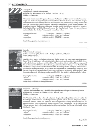 Mediencorner

              Aumayr, K. J.:
              Erfolgreiches Produktmanagement
              Gabler Verlag, Wiesbaden 2009, 2. Auflage, 343 Seiten, € 62,00
              ISBN 978-3-8349-1803-1

              Wer entscheidet über den Erfolg eines Produkts? Die Käufer – und der verantwortliche Produktma-
              nager. Der Produktmanager kämpft dabei an mehreren Fronten: Er muss mit sinkenden Budgets
              immer mehr Produkte in immer kürzerer Zeit einführen und betreuen. Gleichzeitig muss er eine
              Fülle von Anforderungen aus den internen Abteilungen koordinieren. In dem vorliegenden Buch lie-
              fert Klaus J. Aumayr das komplette Rüstzeug, um diese komplexen Aufgaben souverän zu meistern.
              Fallbeispiele, Charts und Checklisten erleichtern den Transfer in die Praxis. Eine unverzichtbare
              Arbeitshilfe für alle, die ihre Produkte aktiv vermarkten wollen!

              Eignung/Leserschaft	                1 (Anfänger) 	oooþo	 5(Experten)
              Theorie	                     1 (nicht behandelt) 	 oþoo	 5 (intensiv)
                                                                o
              Anwendung 	                  1 (nicht behandelt)	 ooooþ	 5 (intensiv)

              Empfehlung: gute Arbeit, empfehlenswert
                                                                                                      Bernd Zunk



              Beck, B.:
              Volkswirtschaft verstehen
              Vdf Hochschulverlag AG, Zürich 2008, 5. Auflage, 472 Seiten, CHF 70,10
              ISBN: 978-3-7281-3207-9

              Der Titel dieses Buches wird seinen Ansprüchen absolut gerecht. Der Autor versteht es, in anschau-
              licher Weise die wichtigsten volkswirtschaftlichen Tatbestände umfassend und verständlich darzu-
              stellen. Dabei ist das Spektrum der behandelten Themen äußerst breit: Märkte, Marktversagen und
              Staat, Wohlstand und Wirtschaftswachstum, gesamtwirtschaftliche Analyse sowie Außenhandel
              und Entwicklungsökonomie. Neben der fundierten Darstellung und Erklärung der zentralen volks-
              wirtschaftlichen Fragestellungen werden auch neue internationale Entwicklungen aufgezeigt. Das
              Buch ist didaktisch hervorragend aufbereitet und somit bestens geeignet für Studienanfänger oder
              interessierte Laien, die sich einen grundlegenden Überblick über Volkswirtschaft verschaffen wollen.

              Eignung/Leserschaft	                1 (Anfänger) 	ooþoo	  5(Experten)
              Theorie	                     1 (nicht behandelt) 	ooooþ	 5 (intensiv)
              Anwendung 	                  1 (nicht behandelt)	 ooþoo 	 5 (intensiv)
              Empfehlung: erstklassig, sehr empfehlenswert
                                                                                                          Iris Uitz


              Bergmann, G.; Daub, J.:
              Systemisches Innovations- und Kompetenzmanagement – Grundlagen-Prozesse-Perspektiven
              Gabler Verlag, 2. Auflage, Wiesbaden 2008, 332 Seiten, € 34,50
              ISBN 978-3-8349-1059-2

              Das Werk ist als klassisches Lehrbuch aufgebaut. Ausgehend von Begriffsdefinitionen werden die
              Grundlagen des Innovations- und Kompetenzmanagements erklärt. Aus der Perspektive der Sys-
              temtheorie wird der Aufbau und Ablauf des Innovationsprozesses dargelegt. Besonders wird auf die
              Organisation der Innovation und die Kompetenzentwicklung eingegangen. Eine Beleuchtung des
              Themas aus dem Bereich der Ethik ist eine Bereicherung rund um das Thema. Fallbeispiele geben
              Einblick in Praxis.

              Eignung/Leserschaft	                1 (Anfänger) 	oþooo	 5(Experten)
              Theorie	                     1 (nicht behandelt) 	 oþoo	 5 (intensiv)
                                                                o
              Anwendung 	                  1 (nicht behandelt)	 ooþoo	 5 (intensiv)

              Empfehlung: gute Arbeit, empfehlenswert
                                                                                                      Sonja Embst


38                                                                                        WINGbusiness 2/2010
 