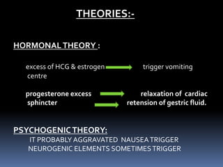 THEORIES:-
HORMONALTHEORY :
excess of HCG & estrogen trigger vomiting
centre
progesterone excess relaxation of cardiac
sphincter retension of gestric fluid.
PSYCHOGENIC THEORY:
IT PROBABLY AGGRAVATED NAUSEATRIGGER
NEUROGENIC ELEMENTS SOMETIMESTRIGGER
 