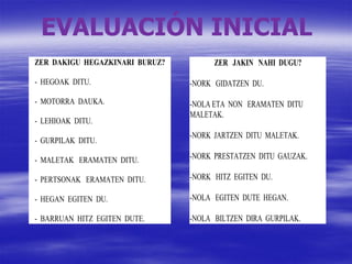 EVALUACIÓN INICIAL
ZER DAKIGU HEGAZKINARI BURUZ?         ZER JAKIN NAHI DUGU?

- HEGOAK DITU.                  -NORK GIDATZEN DU.
- MOTORRA DAUKA.                -NOLA ETA NON ERAMATEN DITU
                                MALETAK.
- LEHIOAK DITU.
                                -NORK JARTZEN DITU MALETAK.
- GURPILAK DITU.

- MALETAK ERAMATEN DITU.        -NORK PRESTATZEN DITU GAUZAK.

- PERTSONAK ERAMATEN DITU.      -NORK HITZ EGITEN DU.

- HEGAN EGITEN DU.              -NOLA EGITEN DUTE HEGAN.

- BARRUAN HITZ EGITEN DUTE.     -NOLA BILTZEN DIRA GURPILAK.
 