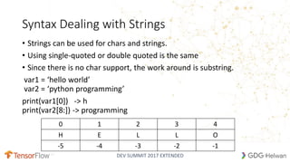 DEV SUMMIT 2017 EXTENDED
Syntax Dealing with Strings
• Strings can be used for chars and strings.
• Using single-quoted or double quoted is the same
• Since there is no char support, the work around is substring.
var1 = ‘hello world’
var2 = ‘python programming’
print(var1[0]) -> h
print(var2[8:]) -> programming
0 1 2 3 4
H E L L O
-5 -4 -3 -2 -1
11
 