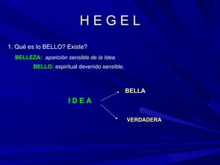 H E G E L 1. Qué es lo BELLO? Existe? BELLEZA:   aparición sensible de la Idea. BELLO:  espiritual devenido sensible. I D E A BELLA VERDADERA 