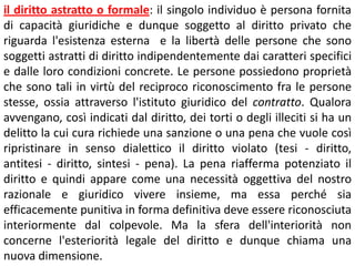 il diritto astratto o formale: il singolo individuo è persona fornita
di capacità giuridiche e dunque soggetto al diritto privato che
riguarda l'esistenza esterna e la libertà delle persone che sono
soggetti astratti di diritto indipendentemente dai caratteri specifici
e dalle loro condizioni concrete. Le persone possiedono proprietà
che sono tali in virtù del reciproco riconoscimento fra le persone
stesse, ossia attraverso l'istituto giuridico del contratto. Qualora
avvengano, così indicati dal diritto, dei torti o degli illeciti si ha un
delitto la cui cura richiede una sanzione o una pena che vuole così
ripristinare in senso dialettico il diritto violato (tesi - diritto,
antitesi - diritto, sintesi - pena). La pena riafferma potenziato il
diritto e quindi appare come una necessità oggettiva del nostro
razionale e giuridico vivere insieme, ma essa perché sia
efficacemente punitiva in forma definitiva deve essere riconosciuta
interiormente dal colpevole. Ma la sfera dell'interiorità non
concerne l'esteriorità legale del diritto e dunque chiama una
nuova dimensione.

 