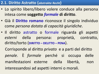 2.1. Diritto Astratto (abstrakte Recht)
• Lo spirito libero/libero volere conduce alla persona
intesa come soggetto formale di diritto.
• Già il Diritto romano riconosce il singolo individuo
come persona dotata di capacità giuridiche.
• Il diritto astratto o formale riguarda gli aspetti
esterni della persona: proprietà, contratto,
diritto/torto (DIRITTO – DELITTO – PENA).
Corrisponde al diritto privato e a parti del diritto
penale. È formale perché si occupa delle
manifestazioni esterne della libertà, non
interessandosi ad aspetti interni o morali.
 
