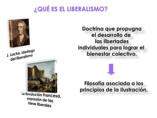 ¿QUÉ ES EL LIBERALISMO? Doctrina que propugna el desarrollo de  las libertades individuales para lograr el  bienestar colectivo. Filosofía asociada a los principios de la Ilustración. 