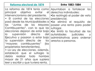 Reforma electoral de 1874 Entre 1883-1884 La reforma de 1874 tenía como principal objetivo evitar el intervencionismo del presidente. El control de las elecciones pasó desde las Municipalidades a las “Juntas de los Mayores Contribuyentes”, con lo que las elecciones dejaron de estar bajo la supervisión directa del Ejecutivo y pasaron a estar bajo la supervisión directa de  los “mayores contribuyentes” (los propietarios terratenientes).  La Ley de elecciones, además, estableció que el sufragio lo debía realizar todo hombre mayor de 21 años que supiera leer y escribir y que tuviera renta. Apuntaban a fortalecer los derechos individuales: Se restringió el poder de veto presidencial. Se eliminó el requisito de poseer una renta para poder sufragar. Se limitó la facultad de las autoridades judiciales y administrativas para ordenar arrestos a personas. 