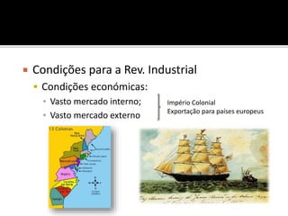  Condições para a Rev. Industrial
 Condições económicas:
▪ Vasto mercado interno;
▪ Vasto mercado externo
Império Colonial
Exportação para países europeus
 