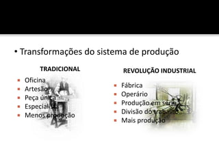 TRADICIONAL
 Oficina
 Artesão
 Peça única
 Especialista
 Menos produção
REVOLUÇÃO INDUSTRIAL
 Fábrica
 Operário
 Produção em série
 Divisão do trabalho
 Mais produção
• Transformações do sistema de produção
 