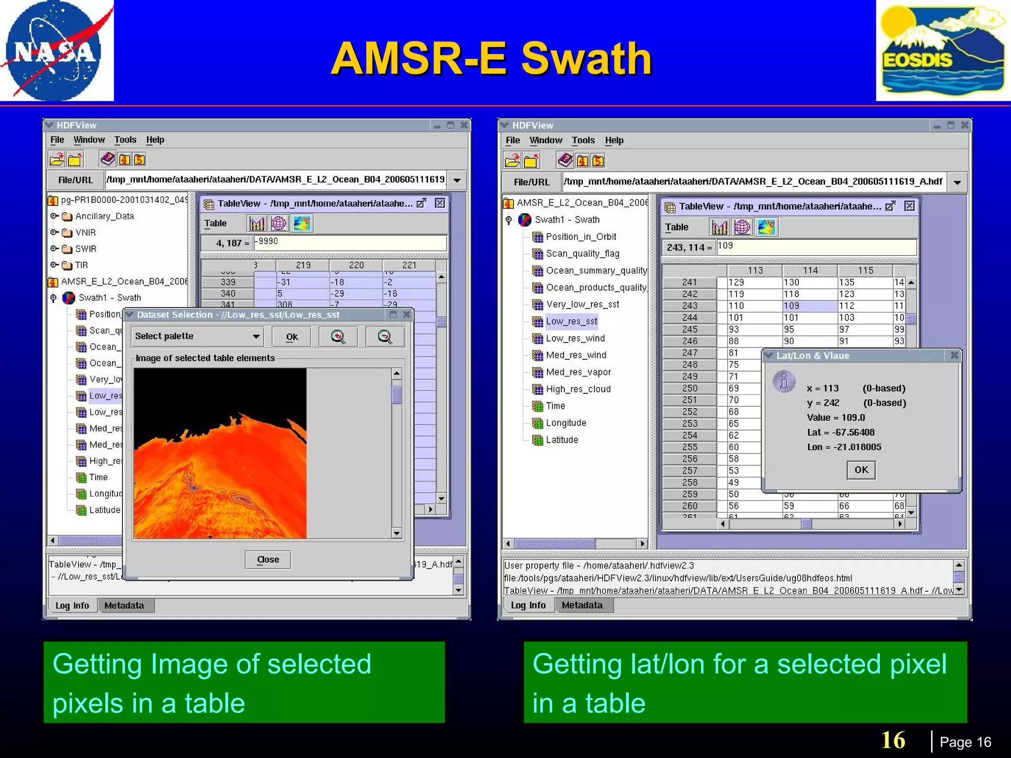 AMSR-E Swath

Getting Image of selected
pixels in a table

Getting lat/lon for a selected pixel
in a table
16

Page 16

 