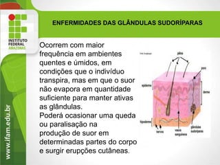 ENFERMIDADES DAS GLÂNDULAS SUDORÍPARAS
Ocorrem com maior
frequência em ambientes
quentes e úmidos, em
condições que o indivíduo
transpira, mas em que o suor
não evapora em quantidade
suficiente para manter ativas
as glândulas.
Poderá ocasionar uma queda
ou paralisação na
produção de suor em
determinadas partes do corpo
e surgir erupções cutâneas.
 