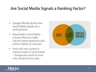 Are Social Media Signals a Ranking Factor?
25
•  Google oﬃcially denies that
Social Media signals are a
ranking factor.
•  Nevertheless Social Media
activity inﬂuences traﬃc
volume, brand awareness and
online visibility of a domain.
•  Fresh and new content is
shared mostly on social media
– Google also wants to show
new content to the users.
 